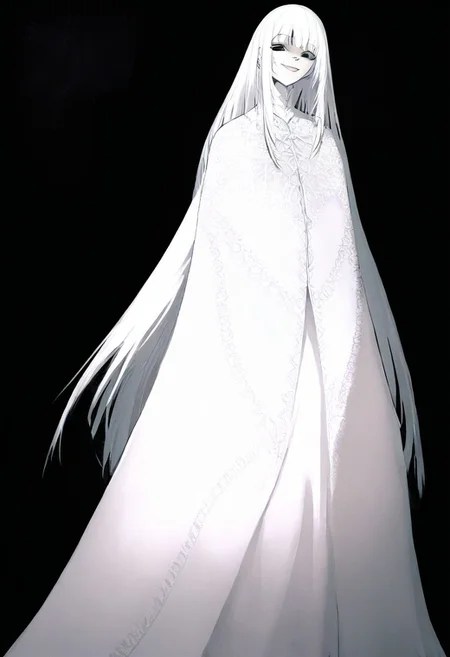 solo, looking at viewer, black eyes, black background, 1woman, long ringlet white hair, extremely pale skin, smirking, all white gown (pure white), masterpiece, best quality, very aesthetic, absurdres
 <lora:monfornoob:0.95>