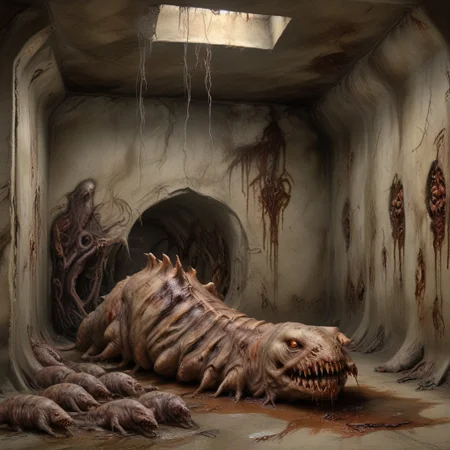Dark Fantasy page, Inside a crypt. sluggirl, undead, twitching, writhing. Walls made of flesh. Painting. Monster Manual. s34slug, flaps, stalks
zombie slug hybrid man monster.