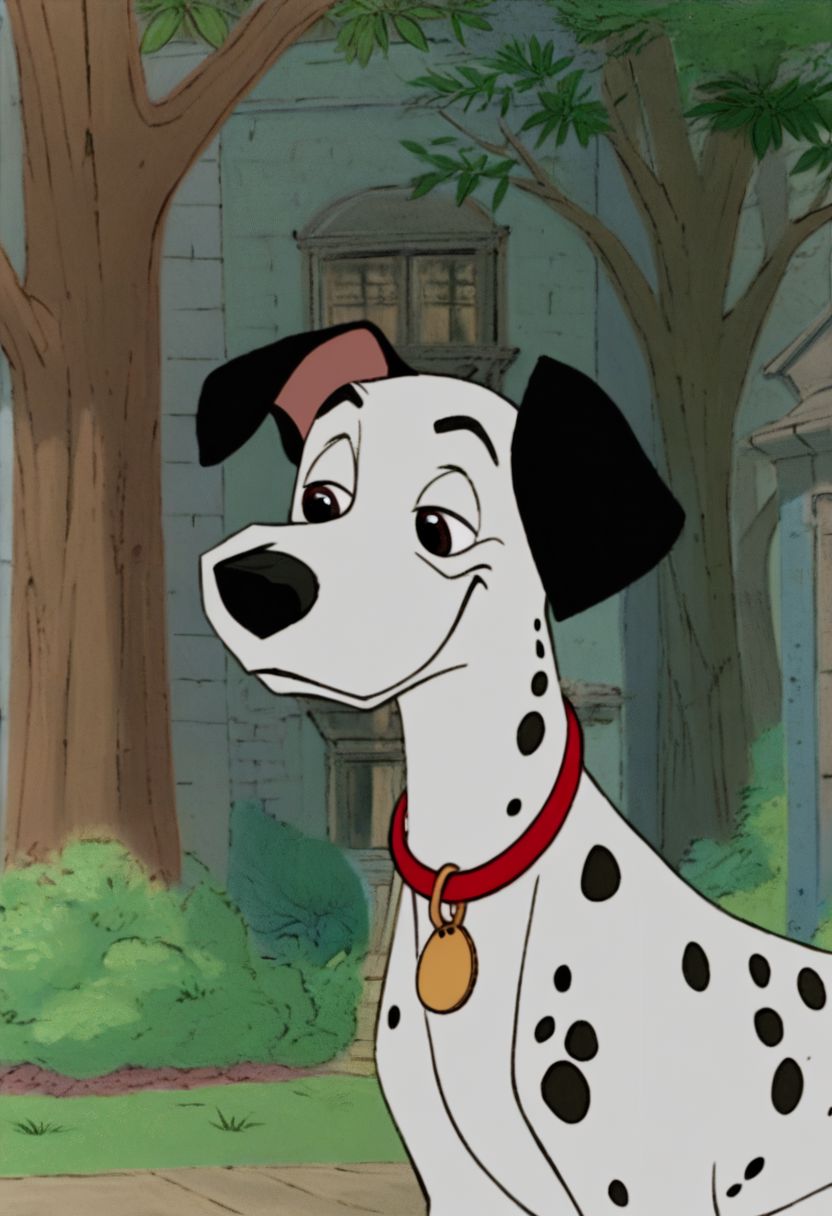 (Park Background, Nature background, Detailed background, animation-cel, , feral, furry, male, anthro, furry, male, Pongo, Dalmatian, Red Collar, White fur with black spots, black ears, smiling, panting)