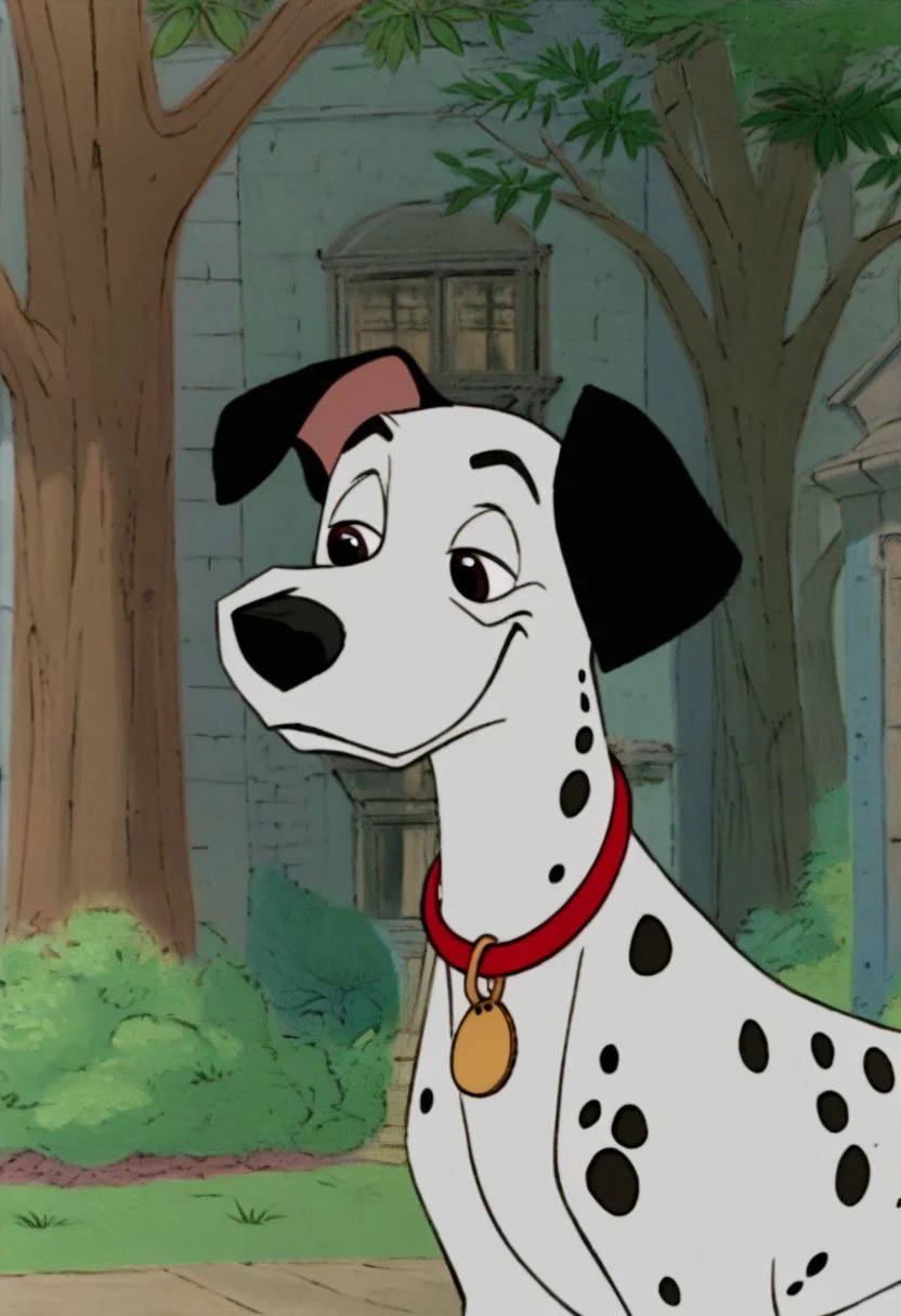 (Park Background, Nature background, Detailed background, animation-cel, , feral, furry, male, anthro, furry, male, Pongo, Dalmatian, Red Collar, White fur with black spots, black ears, smiling, panting)
