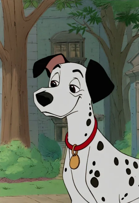 (Park Background, Nature background, Detailed background, animation-cel, , feral, furry, male, anthro, furry, male, Pongo, Dalmatian, Red Collar, White fur with black spots, black ears, smiling, panting)