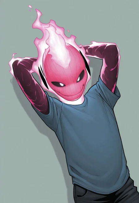 masterpiece, absurdres, high quality, perfect anatomy, 1boy, solo, cute boy, male focus, doyle, Pink Fire, Black Scelera, colored scelera, t-shirt, shy smile, hand behind head, cinematic, intricately detailed illustration, depth of field, masterpiece, best quality, amazing quality, very aesthetic, absurdres, newest, very awa,  shadow, dynamic angle, casual cosplay, dynamic pose, simple background,