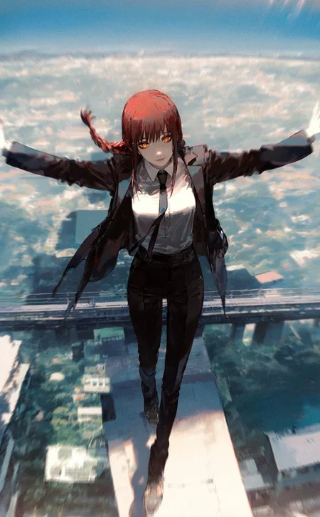 (by kukka:1.1), (by kawacy:1.1), 
1girl, solo, makima \(chainsaw man\),  from above, balancing on edge, 
depth of field, blurry background,  vanishing point, outdoors, scenery, formal clothes,  building, roof, blue sky, light rays, outstretched arms, arms up, open arms, bridge,  looking at viewer, head tilt, staring,
very awa, best quality, highres, masterpiece, very aesthetic,
<lora:nhl-003:0.5> nhl-003,  <lora:nhl-004:0.85>  nhl-004,