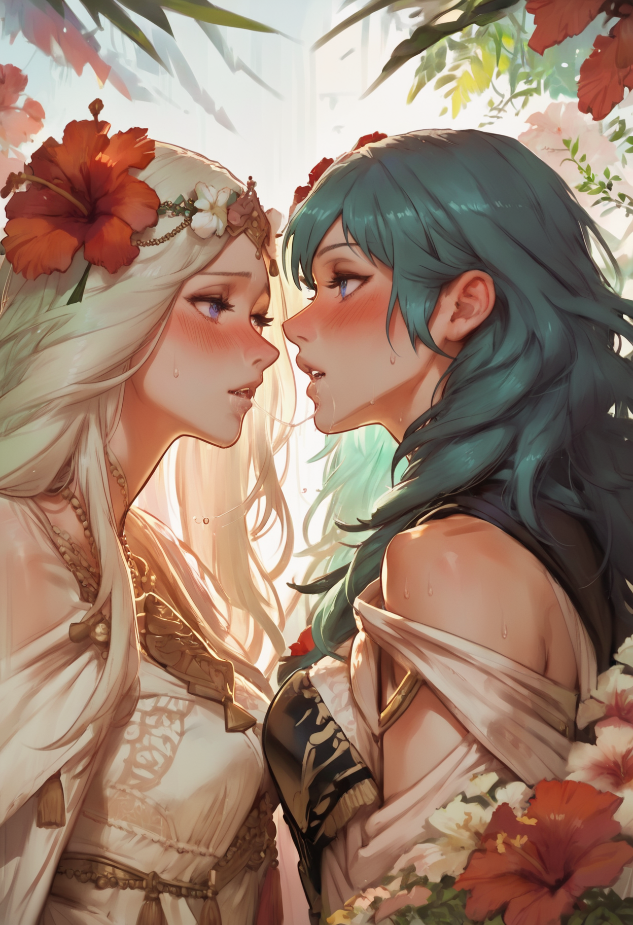 2girls, byleth \(fire emblem\), rhea \(fire emblem\), after kiss, blush, eye contact, face-to-face, flower, from side, hair flower, hair ornament, hand under clothes, hibiscus, long hair, looking at another, multiple girls, parted lips, saliva, saliva trail, sweat, upper body, yuri
BREAK best quality, score_9, score_8_up, score_7_up, score_6_up, score_5_up, score_4_up,  <lyco:MIX-GEM-D1 adamw8bit-P1:1>