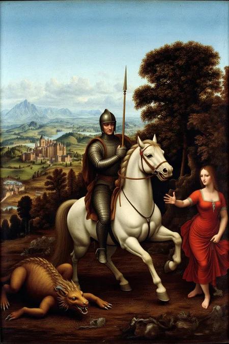 davinci1 painting.
On the left is a dragon lying on the ground. In the center is a knight, shown with his back to the viewer, in full armor mounted on a white horse, running towards the left. The knight is thrusting a lance at a dragon lying on the ground. IIn the background there are rolling hills, trees, and a distant castle. A woman in a red dress stands near the trees, observing the scene. <lora:davinci1_cap_d6a3e12:1.0><lora:852110250390612768:0>
