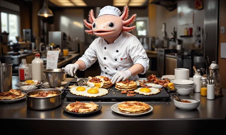 an image shot with significant tilt shift effect of tiny axolotls, high-angle view of a pink axolotl dressed as a line cook, working a small griddle in a busy diner kitchen with tiny plates stacked up beside it, flipping pancakes and frying eggs and bacon with a focused expression; its frilly gills flutter as it concentrates, while the griddle sizzles and steam rises; a soft blur from the tilt-shift effect creates a sense of movement in the bustling background of order slips, condiments, and chrome kitchen equipment, enhancing the realism and adding depth to the lively diner scene, A miniature diorama of, axolotl<lora:Axomodel_Flux_V1.1.safetensors:1.0:1.0> <lora:Diorama_Flux.safetensors:1:1> <lora:PCB_Image_Enhancer_for_FLUX.safetensors:1:1>