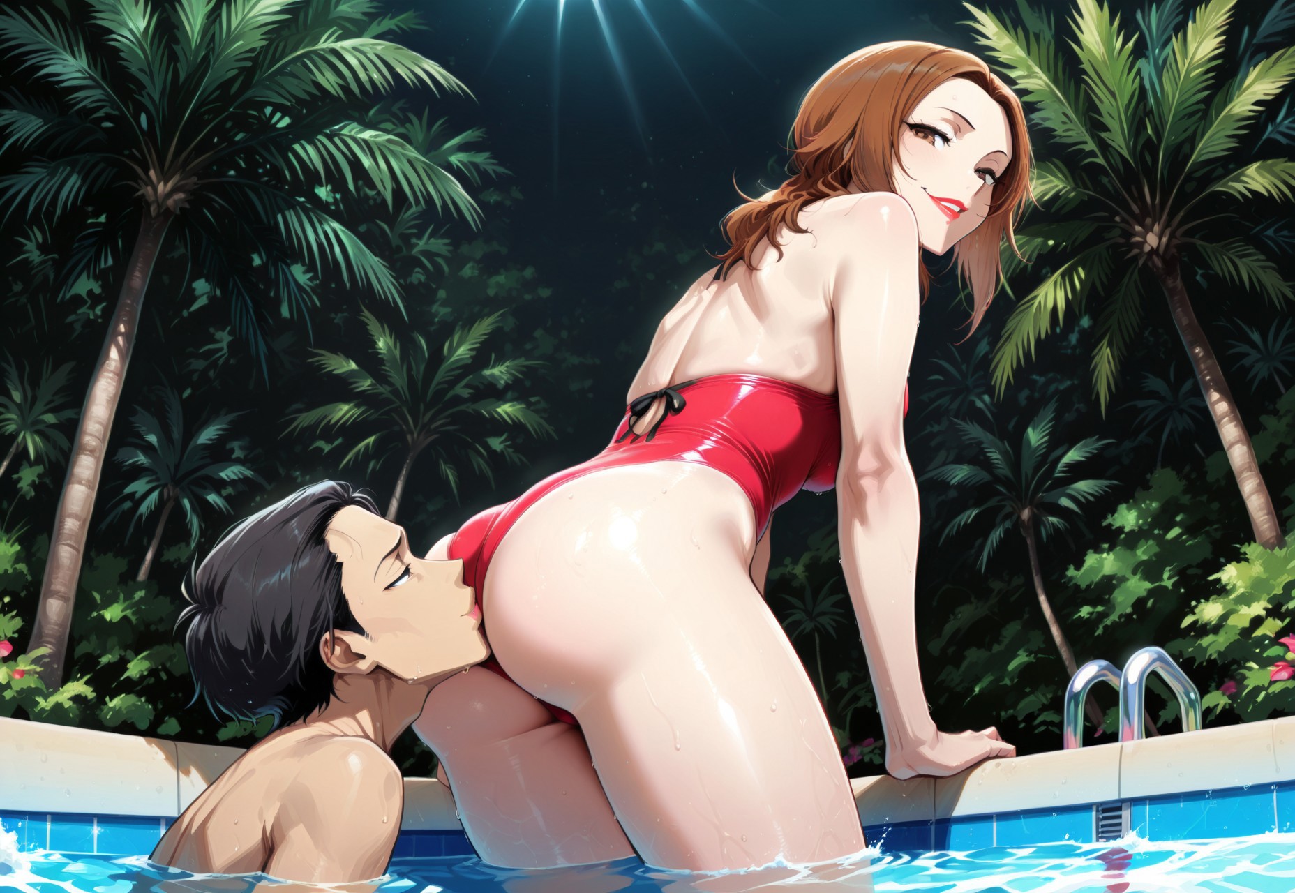 AssKissiLLV1, kisses buttock, hetero, femdom, standing, pool, tropics, beach, stuck her butt out, kiss focus, from below, puffy lips, 

1girl, p4kashiwagi, brown hair, brown eyes, lipstick, red lips, p4kashiwagi-swim, swimsuit, one-piece swimsuit, skindentation, dominant female, ((skinny)), smug,

1boy, lips pressed to buttock, short hair, black hair, lips, 

absurdres, masterpiece, best quality, very aesthetic, anime, 748cmstyle, 