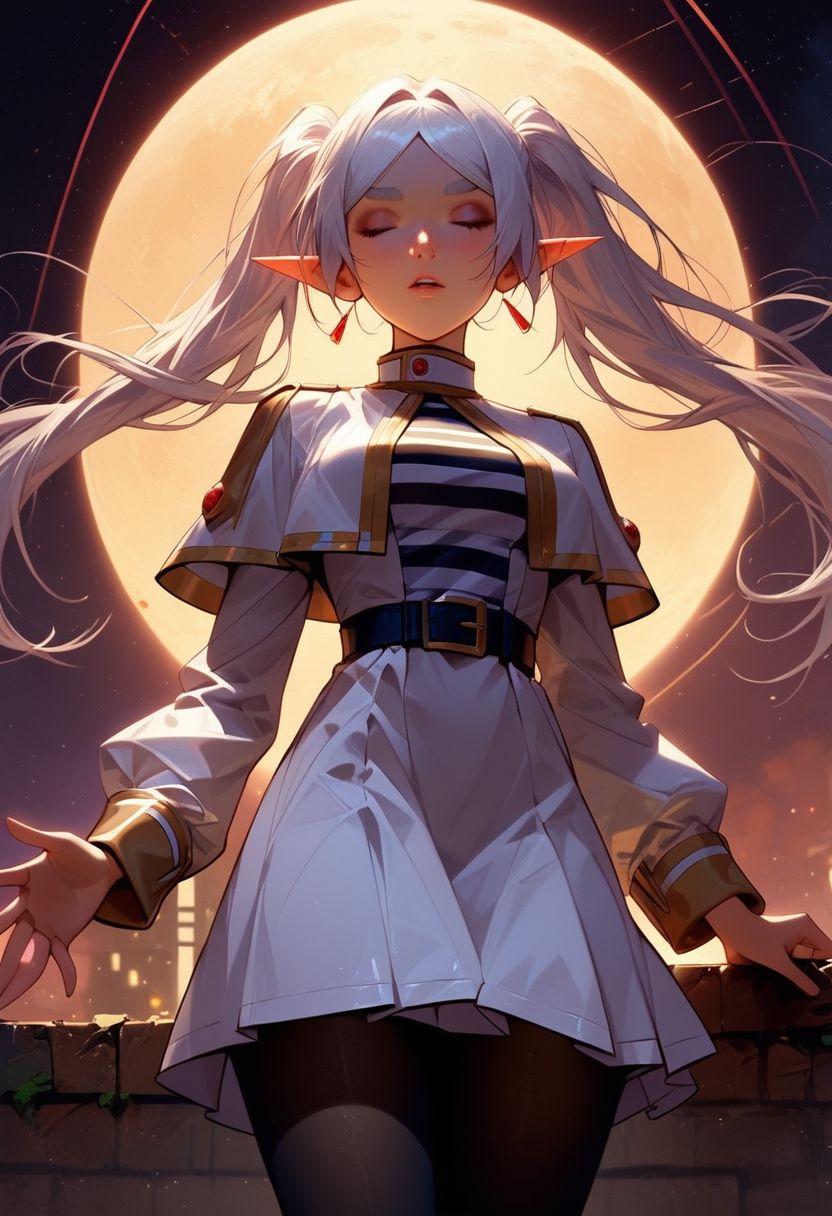 score_9, score_8_up, score_7_up, Expressiveh, 
1girl, frieren, \(Frieren Beyond Journey's End\)/,(ultra HD quality details), pointy ears, twintails, green eyes, elf, long hair, white hair, parted bangs, pale skin, thick eyebrows,
one sexy girl, female focus, lustrous skin, parted lips, slender, large breasts, 
striped shirt, white capelet, boots, brown footwear, long sleeves, white skirt, black pantyhose, white dress, belt,
HD32k, expressiveh, arched back, sexy pose, perfect body, wide hips, narrow waist, supermodel pose, chest thrust out, outdoors, sun high in the sky, well lit, standing, eyes closed, 3/4 angle view, three quarter view, view from below, (head titled up:1.4), arched back, contrapposto pose, (3/4 view:1.5),