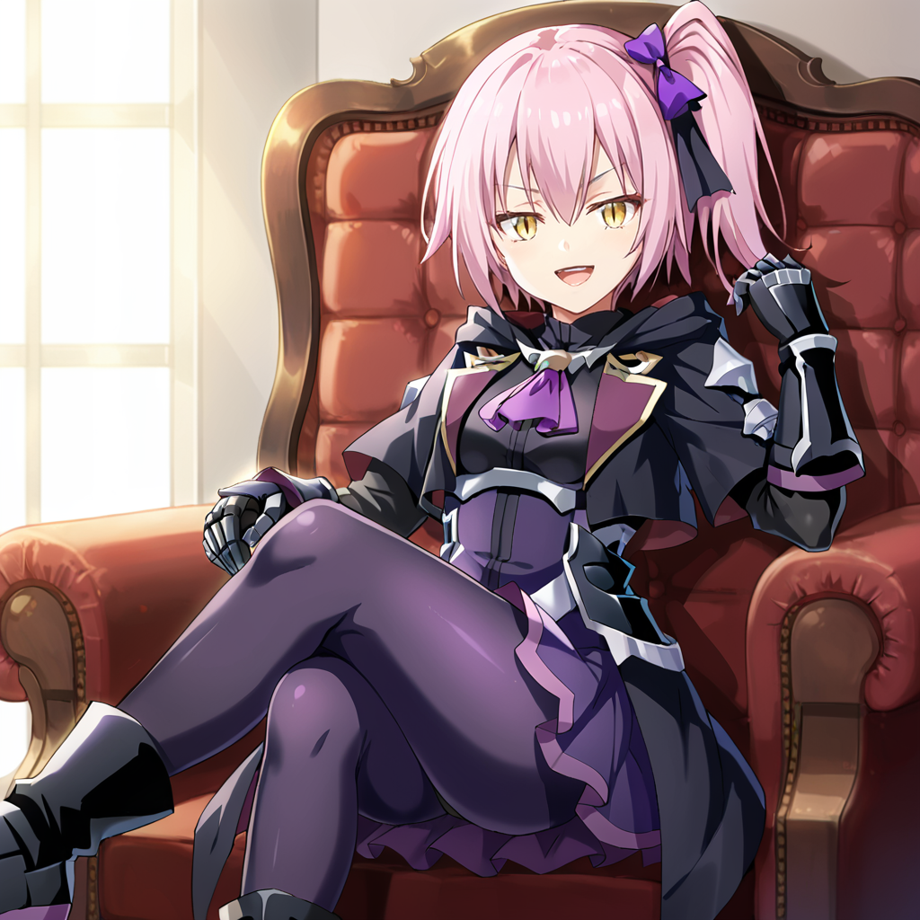 1girl, solo, ultima, slit pupils, pink hair, purple hair, short hair, side ponytail, yellow eyes, bangs, hair between eyes, breasts, small breasts, purple ribbon, purple bow, hair ornament, black shirt, purple ascot, purple skirt, purple pantyhose, boots, black footwear, open jacket, black armored dress, black coat,  black jacket, gloves, black gauntlets, smile, open mouth, (smug:1.1),  crossed legs, 
<lora:Ultima:0.8>