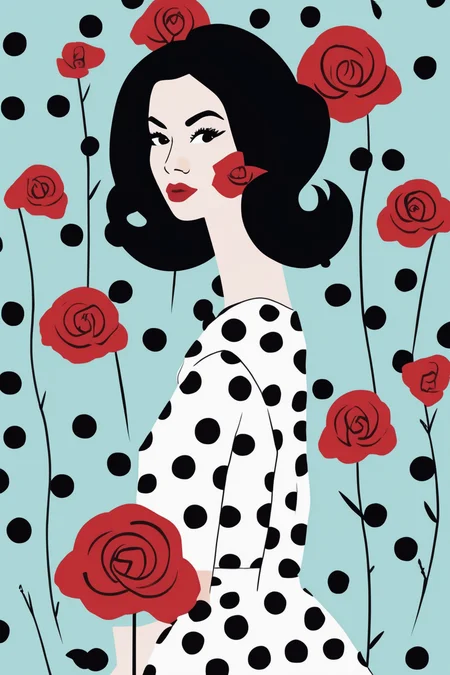 Josh Agle Style - a flat illustration of a woman with a tall beehive hairstyle, black hair, wearing bold black and white print dress 1960s mod style holding deep red roses. Quirky tiny white polka dots against a light blue background. in the style of Hulya Ozdemir Bold modern graphic. Paint and ink. Flat design. Stylized image. Two dimensional. Clean lines and simple design