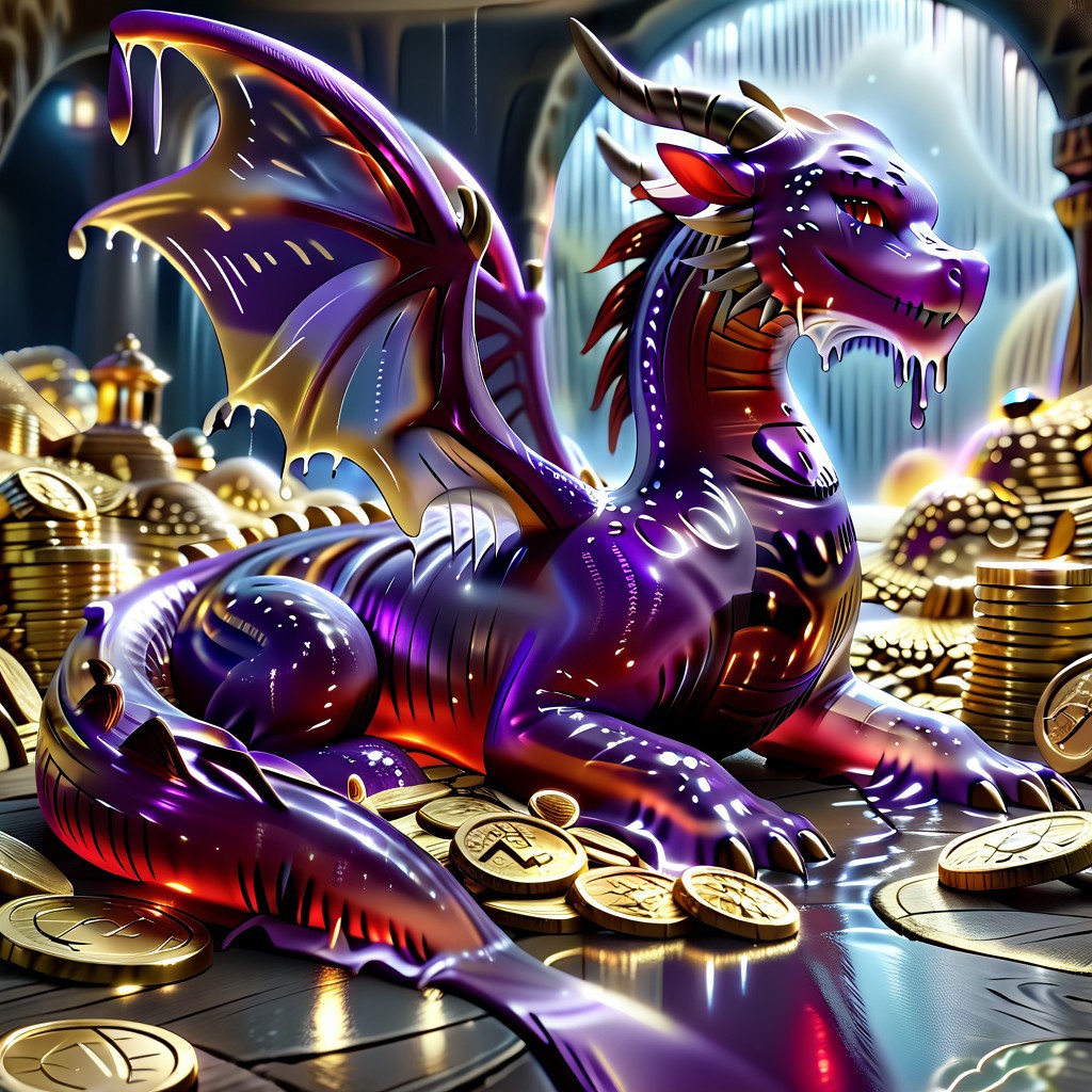 1dragon, highly detailed deep purple dragon, deep purple dragon made out of slime, scaly deep purple slime dragon, slime dragon with red eyes, deep purple slime dragon laying in its hoard, blue slime dragon with wings, dragon wings, detailed claws, detailed feet, detailed tail,
multi-colored gems made out of slime, in a room of treasure made out of slime, gold coins and bars made out of slime, piles of coins, piles of gold slime coins, piles of gold slime, tiny gold slime coins, no large coins, no medium coins, only tiny coins,
treasure-room, treasure, gemstone, coins, gold bars, gold pile, 
everything made of slime, No simple background,
((translucent slime)), ((transparent slime)), (bioluminescent slime), sl1m3, slime, ais-blmn, watce, je11y, thickwater, great lighting, ral-lava, even lighting, no bright spots, saturated colors,