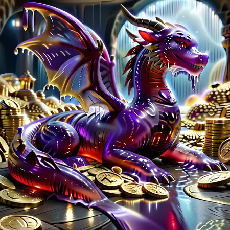 1dragon, highly detailed deep purple dragon, deep purple dragon made out of slime, scaly deep purple slime dragon, slime dragon with red eyes, deep purple slime dragon laying in its hoard, blue slime dragon with wings, dragon wings, detailed claws, detailed feet, detailed tail,
multi-colored gems made out of slime, in a room of treasure made out of slime, gold coins and bars made out of slime, piles of coins, piles of gold slime coins, piles of gold slime, tiny gold slime coins, no large coins, no medium coins, only tiny coins,
treasure-room, treasure, gemstone, coins, gold bars, gold pile,
everything made of slime, No simple background,
((translucent slime)), ((transparent slime)), (bioluminescent slime), sl1m3, slime, ais-blmn, watce, je11y, thickwater, great lighting, ral-lava, even lighting, no bright spots, saturated colors,