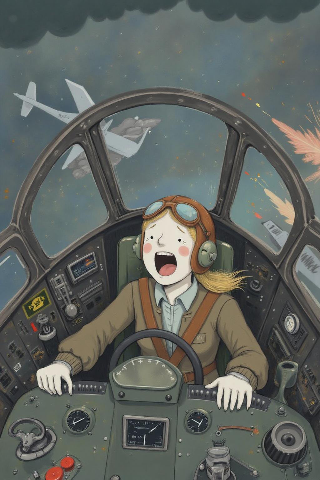 al1ca Illustration. 
A female pilot screaming inside the cockpit of a World War II bomber. The pilot, wearing a vintage leather flight helmet with goggles and a bomber jacket, grips the controls with white-knuckled hands. Her face is contorted in a mix of fear and determination as she yells, her eyes wide with adrenaline. The cockpit is cramped and filled with old-fashioned dials and gauges, with the outside view showing dark stormy clouds and distant anti-aircraft fire  <lora:al1ca1_cap_d6a3e11:1.0><lora:828084203351529670:0>