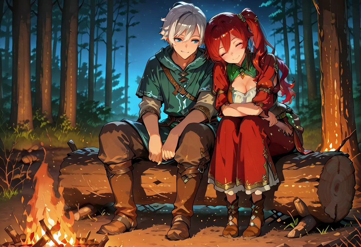 <lora:takeda_hiromitsu_style_illustrious_goofy:0.5>, <lora:noobai_vpred_1_masterpieces_v23:0.5>, <lora:Eyes_Lora_Pony_Perfect_eyes:0.5> , masterpiece, fantasy\(theme\), thick outlines, best quality, 1boy, 1girl, night, sitting on log, in front of campfire, forest,
BREAK handsome, mature, short messy hair, white hair, off-center sideswept fringe, right hairline parting, visible hairline, blue eyes, smiling, looking at campfire, fantasy outfit, sitting,
BREAK <lora:Alethea:1>, side ponytail, red hair, wavy long hair, hair ornament, green eyes, fantasy outfit, sitting, arms on knees, leaning on shoulder, eyes closed, smiling
