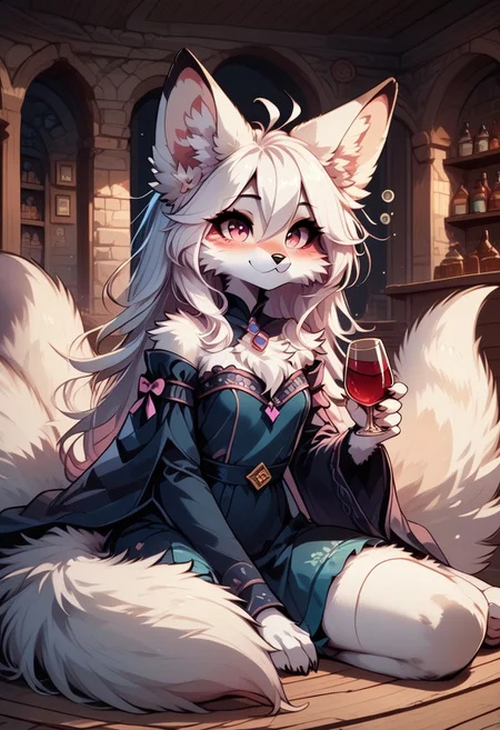 score_9, score_8_up, score_7_up, Kytsune,1girl,solo,furry female,fox girl,fox ears,animal ear fluff,fox tail,white hair,long hair,pink eyes,body fur,white fur,snout,animal nose,MegaFluffyPony, furry, fluffy,
highly detailed, intricate, zzCitronCAT, enchanted grotto scenery, sitting on porch, drinking wine, drunk