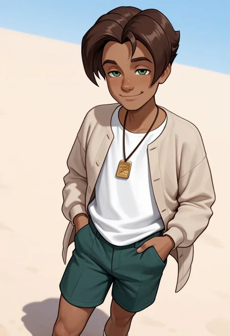masterpiece, absurdres, high quality, perfect anatomy, 1boy, solo, cute boy, male focus, Presley, Dark Skin, Brown Hair, Green Eyes, Necklace, White Shirt, Tan Jacket, Green Shorts, smug smile, cinematic, intricately detailed illustration, depth of field, masterpiece, best quality, amazing quality, very aesthetic, absurdres, newest, very awa,  shadow, dynamic angle, casual cosplay, dynamic pose, simple background,