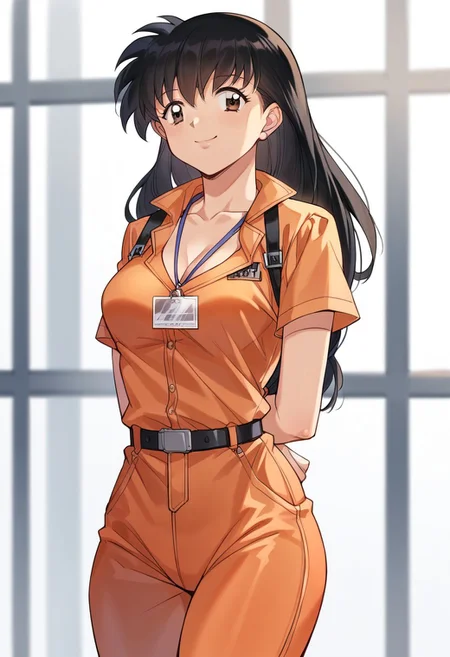 score_9, score_8_up, score_7_up, score_6_up, score_5_up, score_4_up, 1girl, solo, Meesh, by meesh, 1girl, kagome higurashi, bangs, black hair, long hair, brown eyes, curvy body, medium breasts, short sleeves, orange jumpsuit, tight clothes, cleavage, shackles, arms behind back, prison cell, small smile, lanyard, ID card