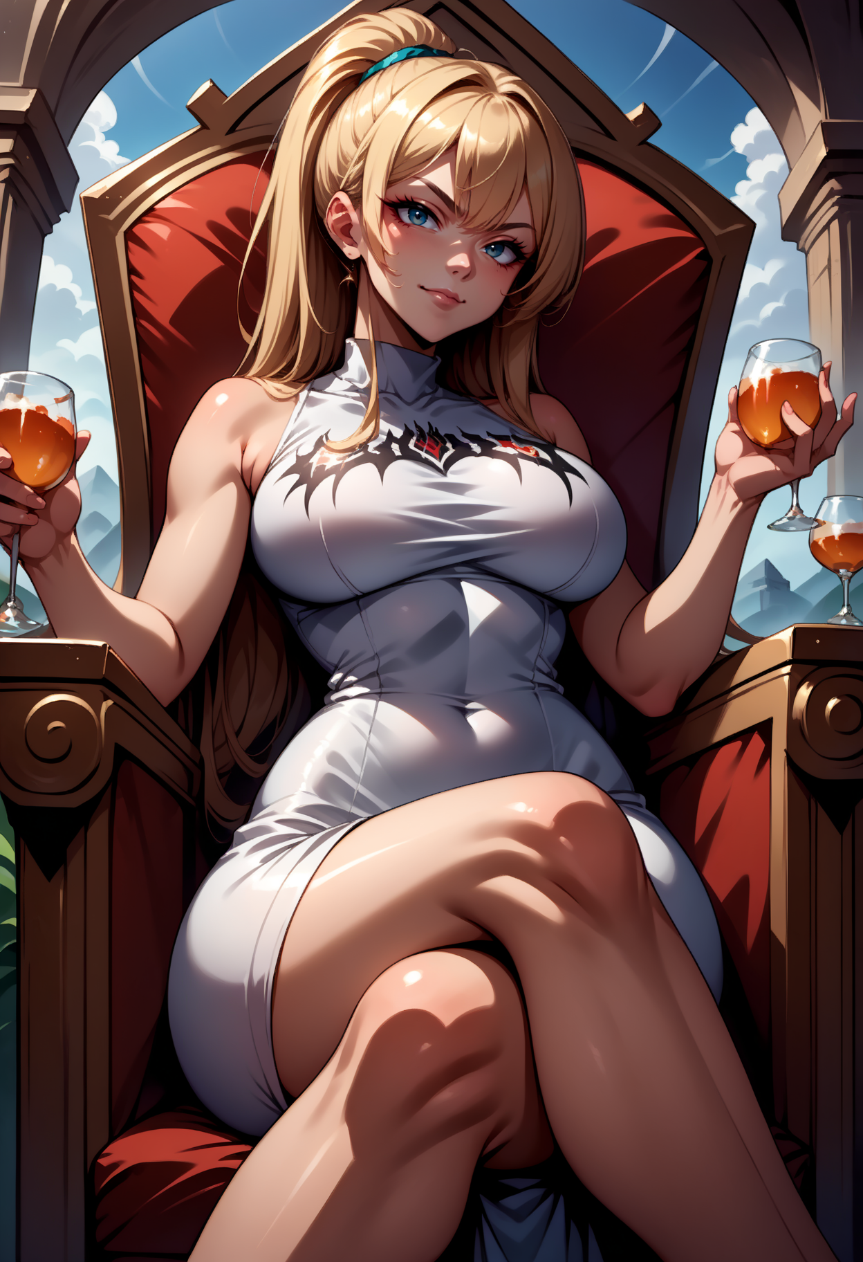 score_9, score_8_up,score_7_up, source_anime, rating_safe, 1girl, solo, <lora:EPblackmetalprint:1>, EPblackmetalprint, wearing EPblackmetalprint, white dress, sleeveless turtleneck, 1girl, blonde hair, high ponytail, large breasts,skindentation,sitting on throne,from below,holding beverage,curvy,crossed legs,smirk