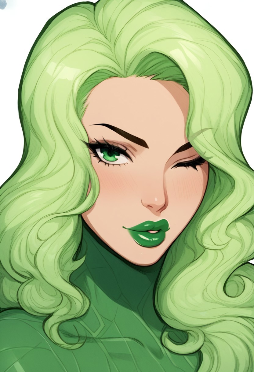 score_up_9, score_up_8, score_up_7, best quality, hd, 2d, upper body, puckered lips, winking at viewer, 
Vertigo (Marvel), 1girl, solo, green hair, green eyes, green lipstick,shiny clothes, bodysuit, long hair, full body, hand on hips,beautiful face, luscious lips, glossy lipstick, straight hair