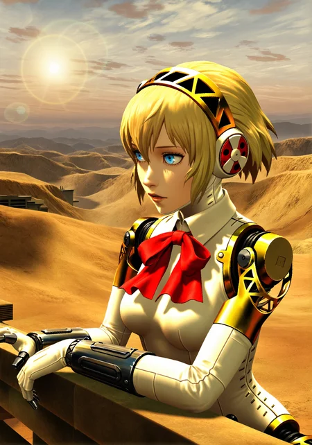 masterpiece, realistic, scenery, 1girl, solo, aigis \(persona\), aegis \(persona\), blonde hair, blue eyes, android, robot joints, leaning on a rail, desert landscape, mountains, outdoors, day, clouds, lens flare, upper body, focused pose, <lora:POSTAL_2_Style_Lora_V1.0_ILXL_DIM16_E10:1> <lora:dmd2_sdxl_4step_lora:1>