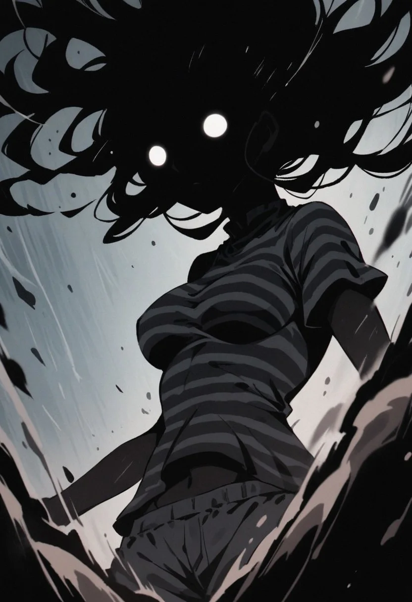 floating dust particles, visible dust in light rays, vintage dusty atmosphere, cinematic quality, closeup, busty ergo proxy dress, black skin, navel, looking at viewer, short sleeves, muscualr, athletic, solo, shorts, buxom, busty, long hair, billowing hair, striped panty, shaded face, animal, deep Blacks, very detailed, atmospheric haze, Film grain, cinematic film still, shallow depth of field, highly detailed, high budget, cinemascope, moody, epic