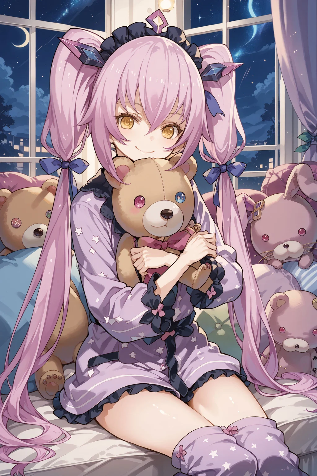 score_max, (score_9, score_8_up, score_7_up:1.2), score_6_up, official art, source_anime,
, masterpiece, absurdres, high detail, 8k,
room, cushion, starry sky, night,
sitting, on cushion, holding stuffed animal, stuffed rabbit, teddy bear, seductive smile, covered mouth,
ddpsaya, headdress, hair ornament, twintails, hair ribbon, purple pajamas,
<lora:XL_Pony_gomaotsu-saya-t2:1>