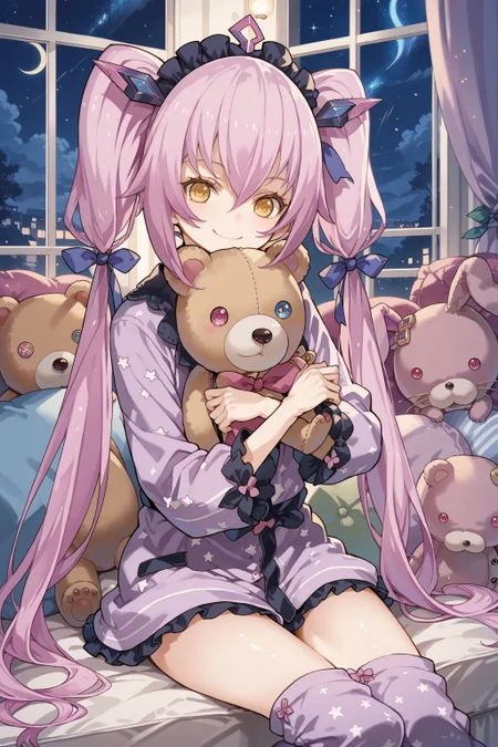 score_max, (score_9, score_8_up, score_7_up:1.2), score_6_up, official art, source_anime,
, masterpiece, absurdres, high detail, 8k,
room, cushion, starry sky, night,
sitting, on cushion, holding stuffed animal, stuffed rabbit, teddy bear, seductive smile, covered mouth,
ddpsaya, headdress, hair ornament, twintails, hair ribbon, purple pajamas,
<lora:XL_Pony_gomaotsu-saya-t2:1>