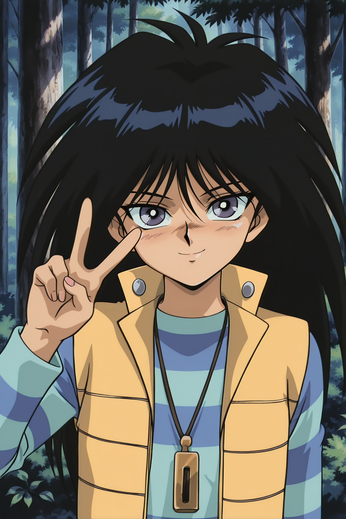 masterpiece,best quality,amazing quality, MokubaKaibaYGOILXL, 1boy, retro artstyle, grey eyes, black hair, long hair, bangs, flat chest, necklace, yellow vest, blue shirt, striped shirt, blue pants, front view, (portrait, upper body), peace sign, v, seductive smile, looking at viewer, forest, tree    <lora:MokubaKaibaYGOILXL:1>
