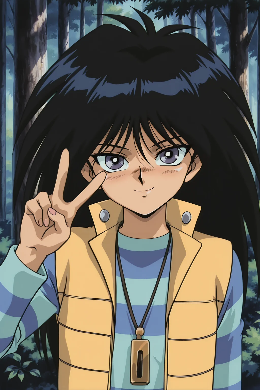 masterpiece,best quality,amazing quality, MokubaKaibaYGOILXL, 1boy, retro artstyle, grey eyes, black hair, long hair, bangs, flat chest, necklace, yellow vest, blue shirt, striped shirt, blue pants, front view, (portrait, upper body), peace sign, v, seductive smile, looking at viewer, forest, tree <lora:MokubaKaibaYGOILXL:1>