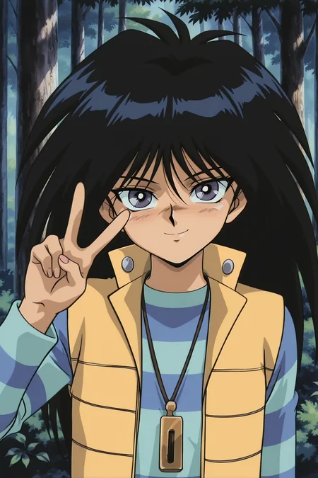 masterpiece,best quality,amazing quality, MokubaKaibaYGOILXL, 1boy, retro artstyle, grey eyes, black hair, long hair, bangs, flat chest, necklace, yellow vest, blue shirt, striped shirt, blue pants, front view, (portrait, upper body), peace sign, v, seductive smile, looking at viewer, forest, tree    <lora:MokubaKaibaYGOILXL:1>