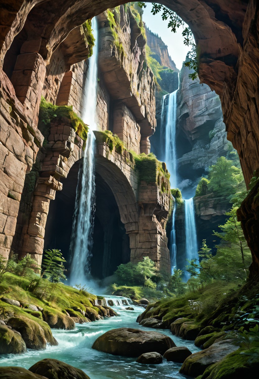 Stable_Yogis_PDXL_Positives, 
A sprawling valley of cascading waterfalls cutting through layered sandstone cliffs, viewed from a sweeping aerial perspective that reveals turquoise plunge pools and winding river networks. Golden-hour sunlight pierces mist rising from thunderous falls, illuminating intricate textures of water-smoothed rock strata and vibrant moss colonies clinging to vertical surfaces. Close-up details of fern fronds trembling in the perpetual spray, their fractal patterns echoed in the dendritic river deltas below. Low-angle shots framing monolithic cliff faces against swirling cloud formations, while tracking perspectives follow ibex traversing narrow ledges above abyssal gorges. Ultra-detailed 8k rendering captures every water droplet in mid-air suspension and crystalline reflections in ancient rockpools. A symphony of emerald, amber, and sapphire hues created by mineral-rich waters, lichen communities, and twilight's deepening azure gradients across the canyon's stratified geology.