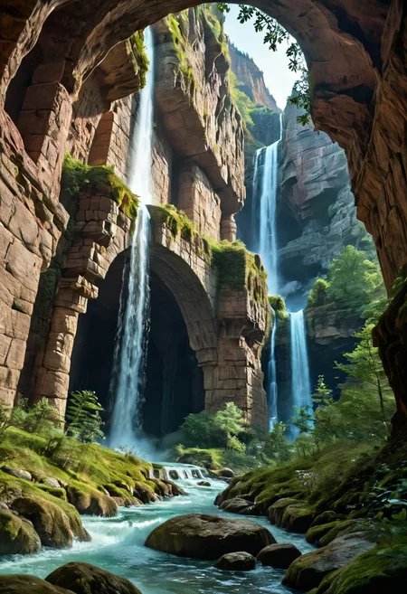 Stable_Yogis_PDXL_Positives,
A sprawling valley of cascading waterfalls cutting through layered sandstone cliffs, viewed from a sweeping aerial perspective that reveals turquoise plunge pools and winding river networks. Golden-hour sunlight pierces mist rising from thunderous falls, illuminating intricate textures of water-smoothed rock strata and vibrant moss colonies clinging to vertical surfaces. Close-up details of fern fronds trembling in the perpetual spray, their fractal patterns echoed in the dendritic river deltas below. Low-angle shots framing monolithic cliff faces against swirling cloud formations, while tracking perspectives follow ibex traversing narrow ledges above abyssal gorges. Ultra-detailed 8k rendering captures every water droplet in mid-air suspension and crystalline reflections in ancient rockpools. A symphony of emerald, amber, and sapphire hues created by mineral-rich waters, lichen communities, and twilight's deepening azure gradients across the canyon's stratified geology.