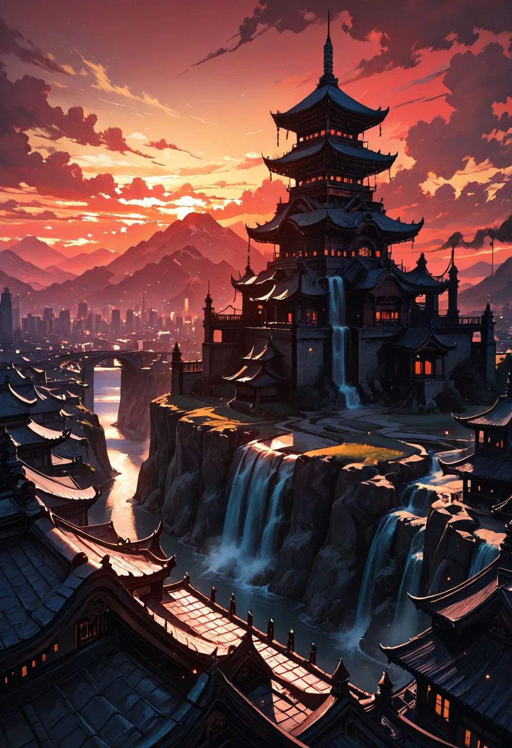 Smooth Quality, arch, architecture, bridge, building, castle, city, city lights, cityscape, cloud, cloudy sky, dusk, east asian architecture, evening, fantasy, gate, gradient sky, horizon, house,mountain, mountainous horizon, no humans, orange sky, outdoors, pagoda, red sky, river, rooftop, scenery, sky, skyline, skyscraper, smoke, tower, twilight, waterfall, yellow sky, <lora:748cmSDXL:0.4>, <lora:Sinozick_Style_XL_Pony:0.7> <lora:Smooth_Booster:0.5>, <lora:Smooth_Lighting_Enhancer:1>