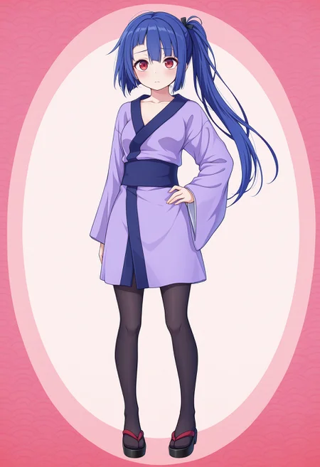 masterpiece, best quality, amazing quality, very aesthetic, high resolution, ultra-detailed, absurdres, <lora:amtsk-il:1> 1girl, amatsuku, kimono, red eyes, solo, full body, sandals, black pantyhose, (official art:1.5)