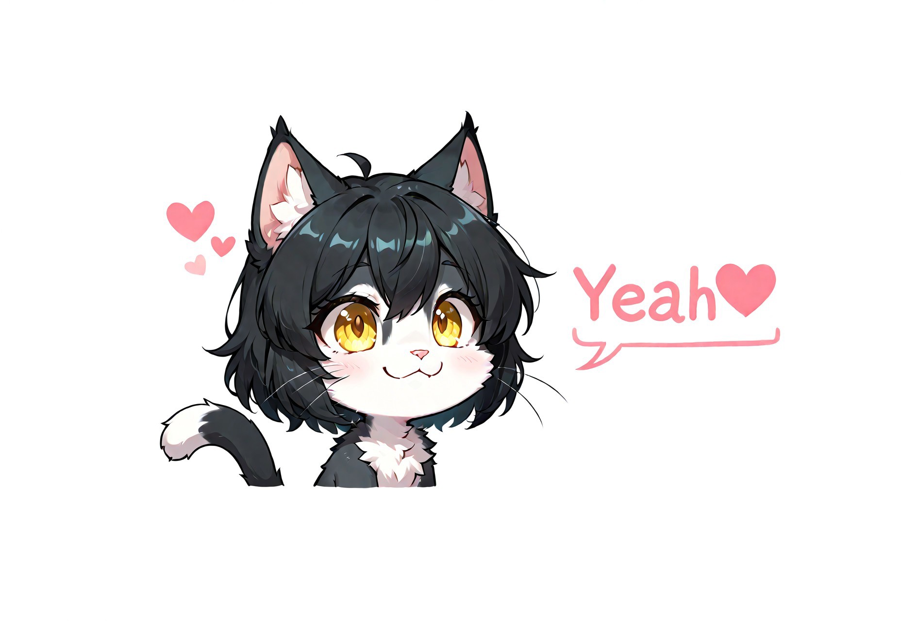 masterpiece, source_furry, (best quality:1.1), ultra-detailed, high resolution, solo, highly detailed macro illustration BREAK 1girl, Ember (ESO), fearl, feline, chibi, black and white fur, cat tail, black hair, yellow eyes, slim, (cute face:1.3), :3 BREAK mikus-concept, simple background, icon, text, yeah button, minimalism, heart symbol, <3, pink color, upper body, face focus BREAK sharp focus, perfect lighting, anatomically correct, extremely detailed, tranquil setting, high detail, attractive background, detailed background