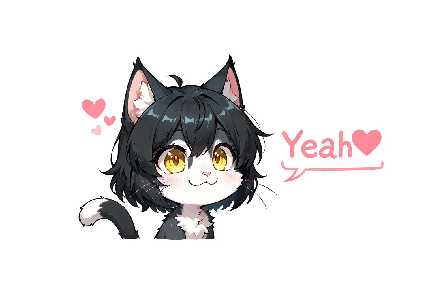 masterpiece, source_furry, (best quality:1.1), ultra-detailed, high resolution, solo, highly detailed macro illustration BREAK 1girl, Ember (ESO), fearl, feline, chibi, black and white fur, cat tail, black hair, yellow eyes, slim, (cute face:1.3), :3 BREAK mikus-concept, simple background, icon, text, yeah button, minimalism, heart symbol, <3, pink color, upper body, face focus BREAK sharp focus, perfect lighting, anatomically correct, extremely detailed, tranquil setting, high detail, attractive background, detailed background