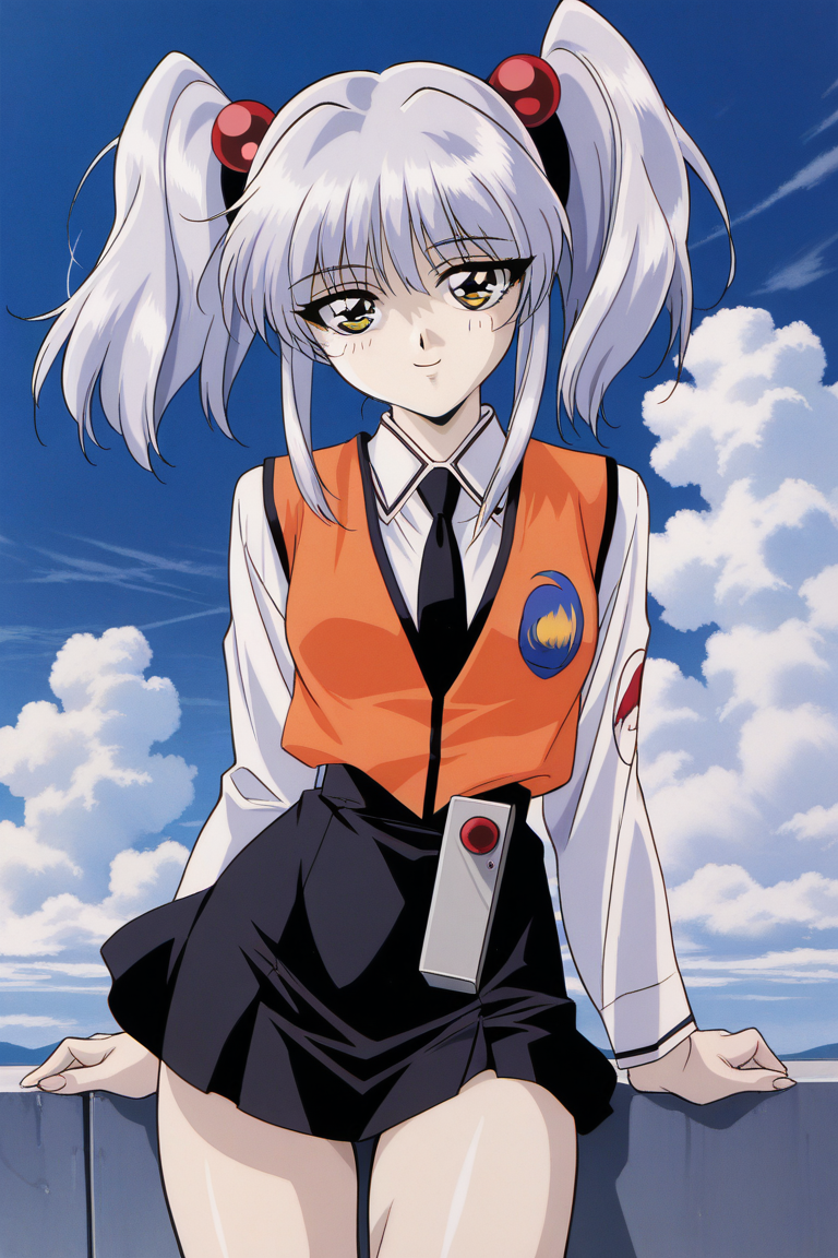 masterpiece, best quality, source_anime,official art,perfect_anatomy,1990s_\(style\),retro_artstyle, Ruri_Hoshino,silver_hair,hair_bobbles,hair_ornament,necktie,orange_vest,shirt,long_sleeves,uniform,(beautiful detailed face,looking_at_viewer,smile),cowboy shot,miniskirt,black_skirt,thighs,close to viewer,day,blue_sky,cloud
