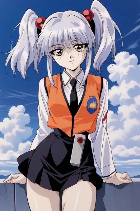 masterpiece, best quality, source_anime,official art,perfect_anatomy,1990s_\(style\),retro_artstyle, Ruri_Hoshino,silver_hair,hair_bobbles,hair_ornament,necktie,orange_vest,shirt,long_sleeves,uniform,(beautiful detailed face,looking_at_viewer,smile),cowboy shot,miniskirt,black_skirt,thighs,close to viewer,day,blue_sky,cloud