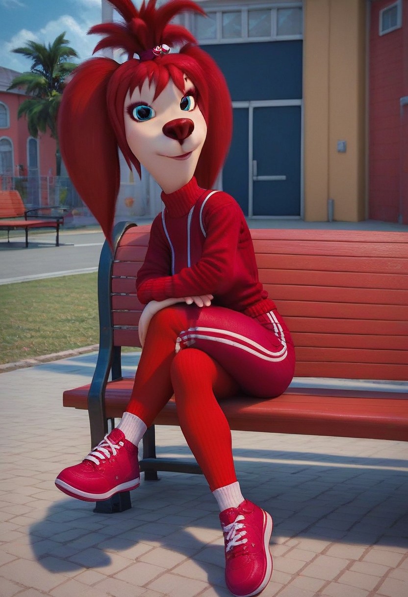 score_9, score_8_up, score_7_up, score_6_up
1girl, solo, skinny, Liza_Barboskina, dog anthro, female, small boobs, Red sport top, Red sport shorts
full body view, looking at viewer, seductive look, (street background:1,4), sexy pose, neck, sitting on bench, 3/4 side view, crossed legs