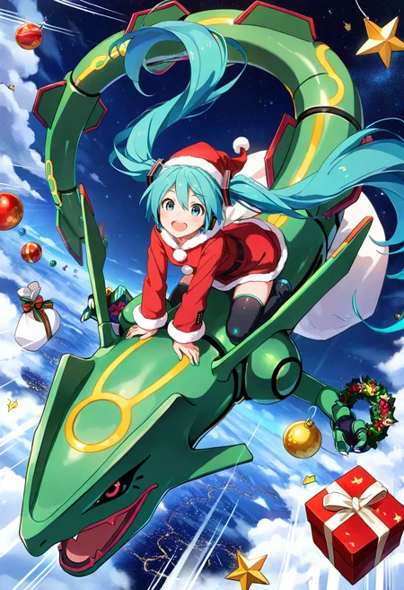 (masterpiece, best quality, high quality, good quality),1girl,santa costume,star \(sky\),christmas,cloud,night sky,christmas ornaments,candy,christmas wreath,christmas stocking,gift,gift bag,
sky,Rayquaza,
speed lines,from above,
happy,hatsune miku,full body,riding,black thighhighs,<lora:Animal_Christmas:0.7>,animal christmas,<lora:ponyv4_noob1_2_adamW:0.6>,<lora:cutesexyrobutts_style_illustrious_goofy:0.6>,<lora:breasts_size_slider_illustrious_goofy:0.6>,