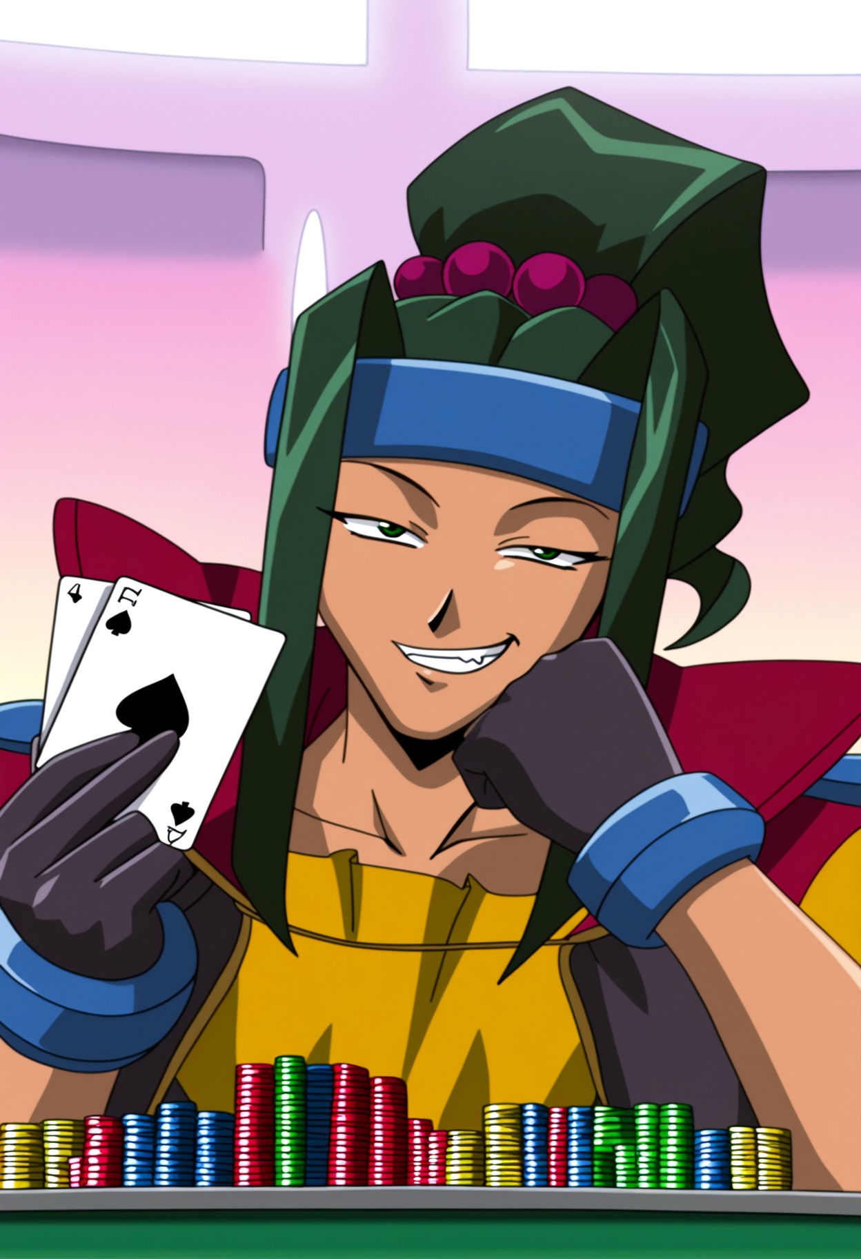 high quality, highres, 
1girl, gascogne rheingau, solo,green eyes, looking at viewer, squinting,smug, grin, gascogne outfit, black hair, toothpick, sidelocks, ponytail,  headband, hair beads, close-up,   (muscular:0.8), gloves,indoors, holding, holding cards, (straight flush \(poker\),:1.25) club \(shape\), poker, poker chip, poker table, card, playing card,