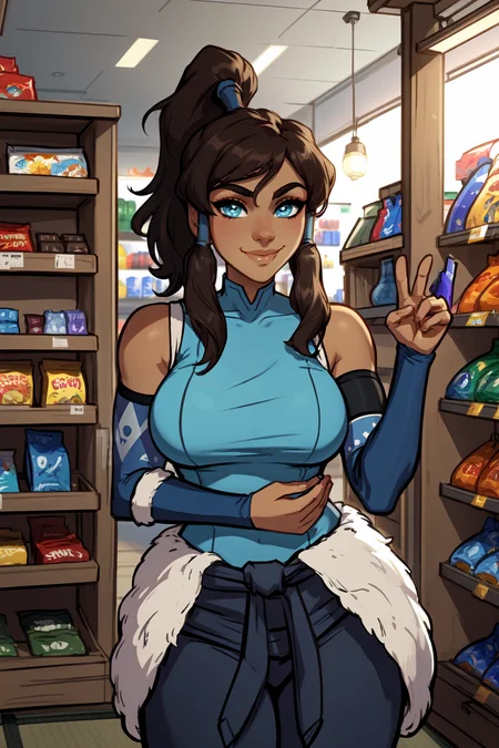 (1girl:1.3), (solo:1.2), curvy, (masterpiece:1.2), (best quality:1.2), (dynamic pose:1.4), (confident:1.2), smile
<lora:BlushySpicy [MockAi - v1.0]:0.8> blushyspicy, thick lineart, cute, pinup, vibrant colors, (large breasts:1.4), (cowboy shot:1.2), <lora:Korra [Konan - v2.0]:0.8> korra, long hair, (brown hair:1.2), black hair, blue eyes, ponytail, dark skin, dark-skinned female, topknot, (hair tubes:1.4), fur-trimmed jacket around waist, (blue halterneck top:1.3), armlet, vambraces, (bare shoulders:1.3), (arm_warmers:1.3), sleeveless, (japanese convenience store:1.4), (inside:1.3), modern, (konbini), shelves, groceries,