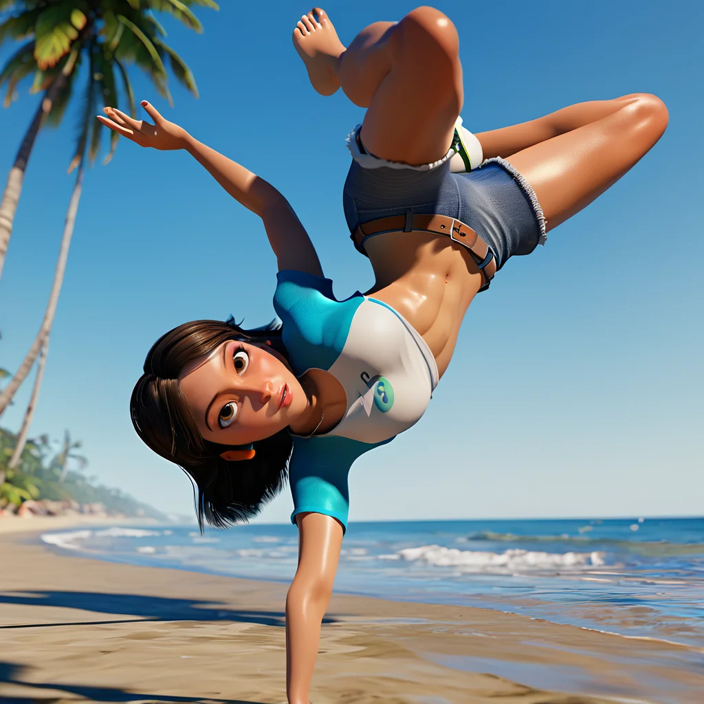 score_9, score_8_up, score_7_up, vibrant color, 1girl, <lora:bdancepxl:0.85>, bdancepxl, doing a handstand, one-handed, breakdance pose, motion, beach, shorts, spread legs, looking at viewer, upside down, tropical, shirt falling down, 3d, Pixar style