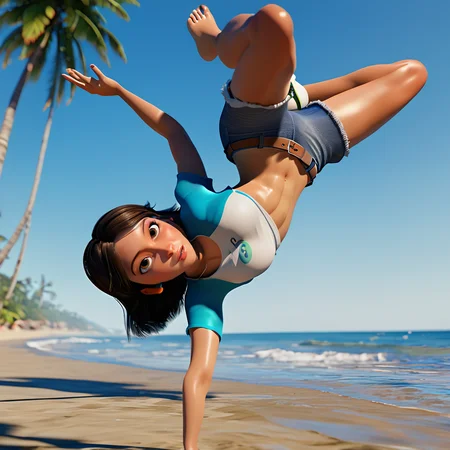 score_9, score_8_up, score_7_up, vibrant color, 1girl, <lora:bdancepxl:0.85>, bdancepxl, doing a handstand, one-handed, breakdance pose, motion, beach, shorts, spread legs, looking at viewer, upside down, tropical, shirt falling down, 3d, Pixar style