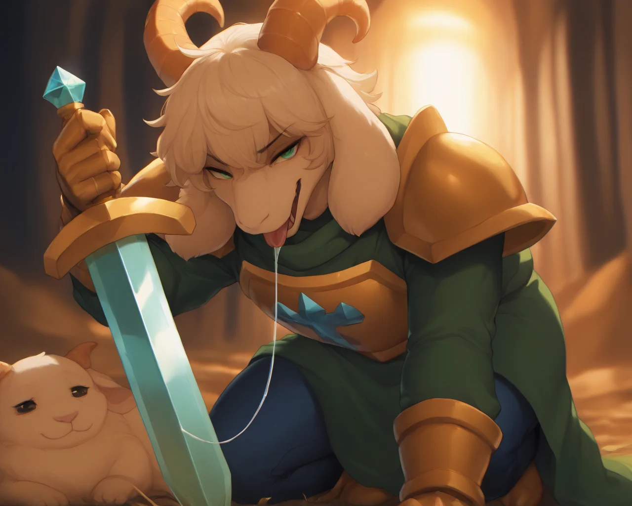 masterpiece, best quality, very aesthetic, newest, absurdres, highres, blurred background, shaded, countershading, dramatic lighting, depth of field, highly detailed, high contrast, film grain, <lora:Zonkpunch:1.3> z0nkp4nch
, (saliva string:1.3),sword,armor,green eyes,undertale,fleety \(artist\),goat,caprine,horn,deltarune,mammal,weapon,undertale \(series\),bovid,melee weapon,male