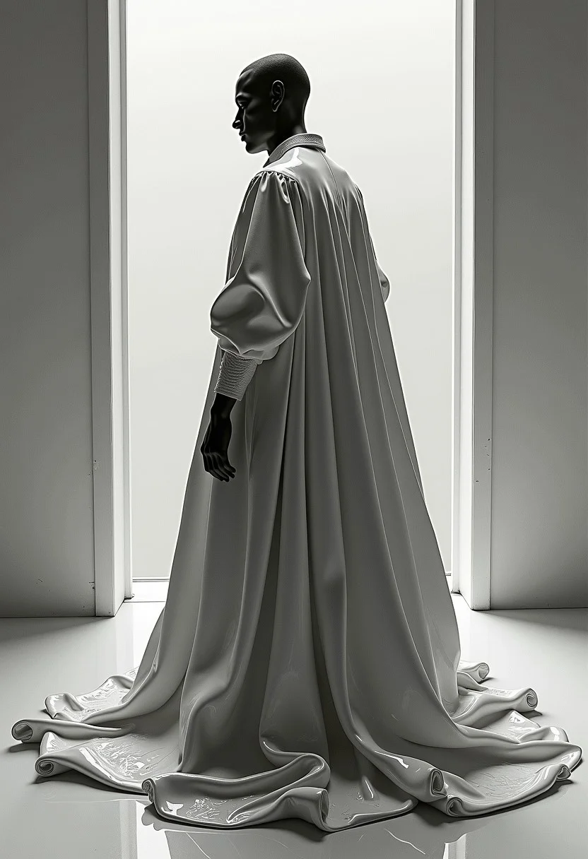 a photo of a person who is in a room drawn on paper with a pencil. the man is dressed in voluminous clothes painted with oil paint. The clothes are made of shiny oil paint., a fantastic futuristic shot, ambient diffused light, cinematic photography