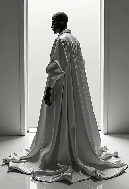 a photo of a person who is in a room drawn on paper with a pencil. the man is dressed in voluminous clothes painted with oil paint. The clothes are made of shiny oil paint., a fantastic futuristic shot, ambient diffused light, cinematic photography