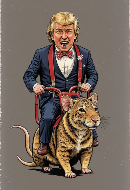 closeup, illustration m1n1p3ople A miniature man in a tuxedo and riding a mouse, st3v3n_r0hod3s