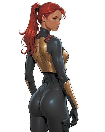 masterpiece, best quality, absurdres, perfect quality, absolutely eye-catching, <lora:JeffSpokesIllus:1> jspokes, <lora:ScarlettGIJoeIllus:1> scarlettgijoe, 1girl, red hair, blue eyes, ponytail, bodysuit, armor, simple background, ass