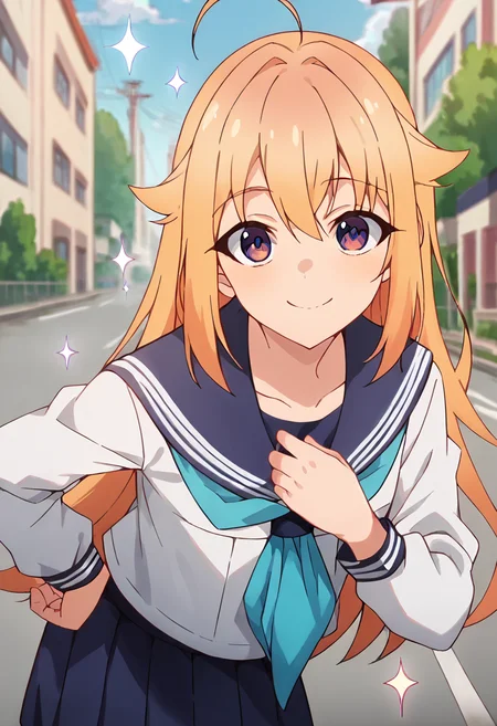 score_9, score_8_up, score_7_up, source_anime, masterpiece, 1girl, ctiank0shi, serafuku, sailor collar, blue neckerchief, skirt, long sleeves, outdoors, sunny, city, depth of field,  looking at viewer, hand on chest, smile, sparkle, leaning forward,<lora:Koshi_Torako_pony_ct:1>,